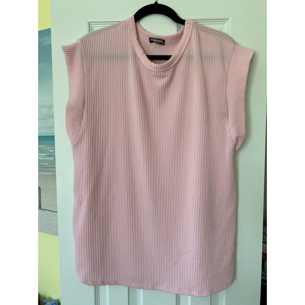 HIMISH USA Pastel Pink Textured Muscle Tee Cap Sleeve Waffle Knit Top